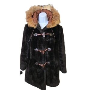 VTG 1970s Faux Fur Coat Viking Buttons Hooded Nordic Folk Scandinavian‎ Boho S